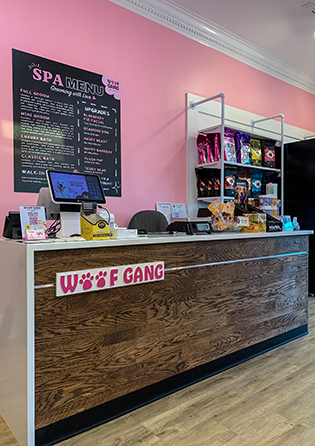 A checkout area of a dog food store.